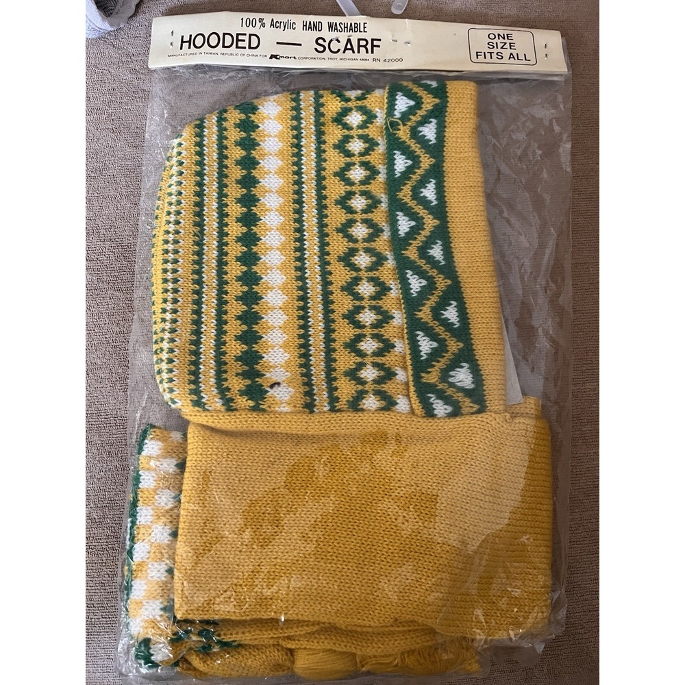 Vintage 70s Knit Hooded Wrap Scarf‎ Green Gold Print Women's Attached Hood - Picture 6 of 6